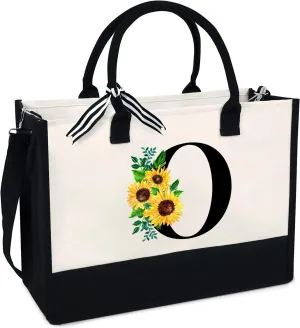 Sunflower Tote with Zipper Pocket, 13oz Monogram Tote Bags for Women, Birthday, Christmas, Teacher Gifts