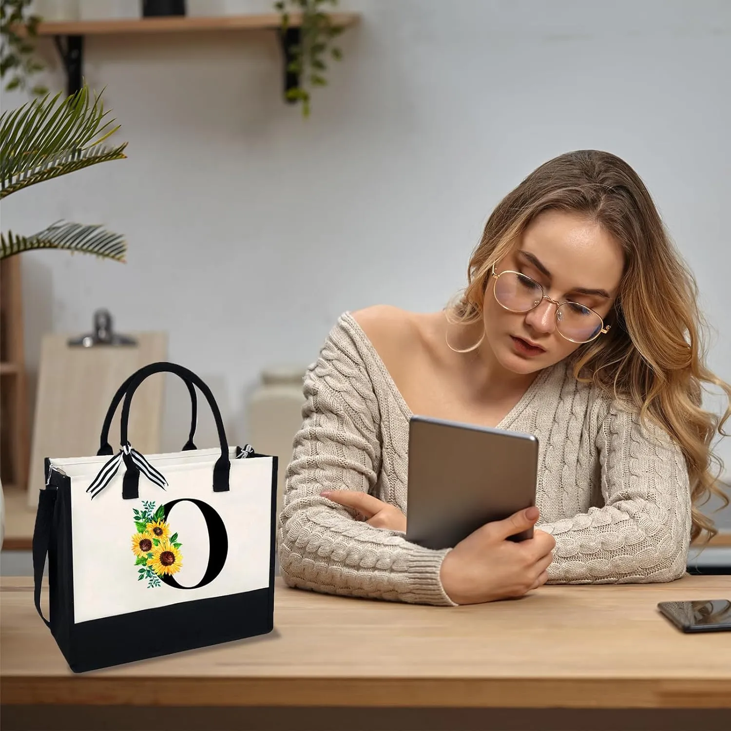 Sunflower Tote with Zipper Pocket, 13oz Monogram Tote Bags for Women, Birthday, Christmas, Teacher Gifts