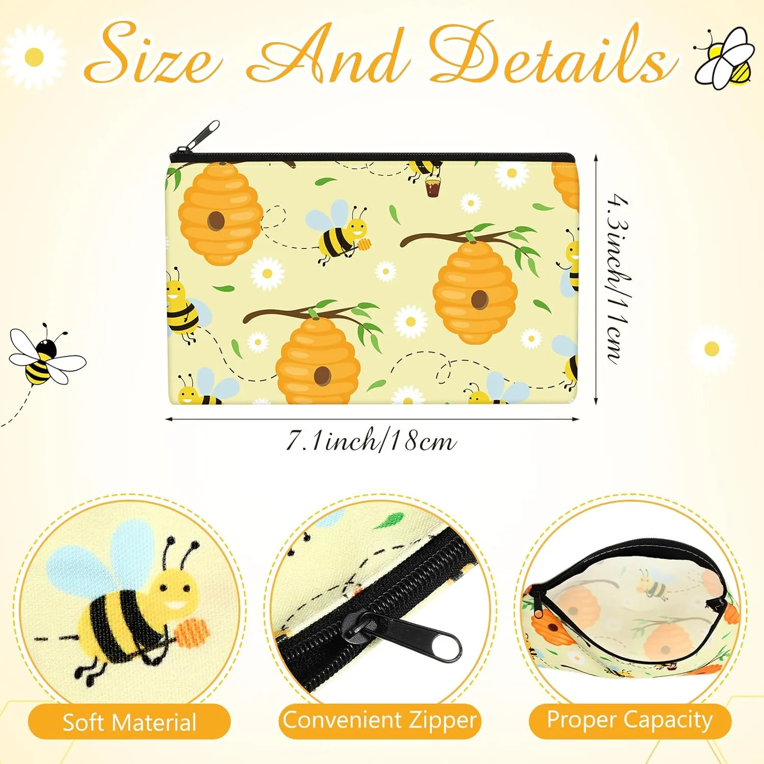 Sweetude 20 Pieces Bee Cosmetic Bag for Women Teacher, Bee Gifts for Bee Lovers, Bee Themed Makeup Bags with Zipper Birthday Gifts for Friend Coworker 7 x 4.3 Inches Toiletry Bag Pouch Organizer