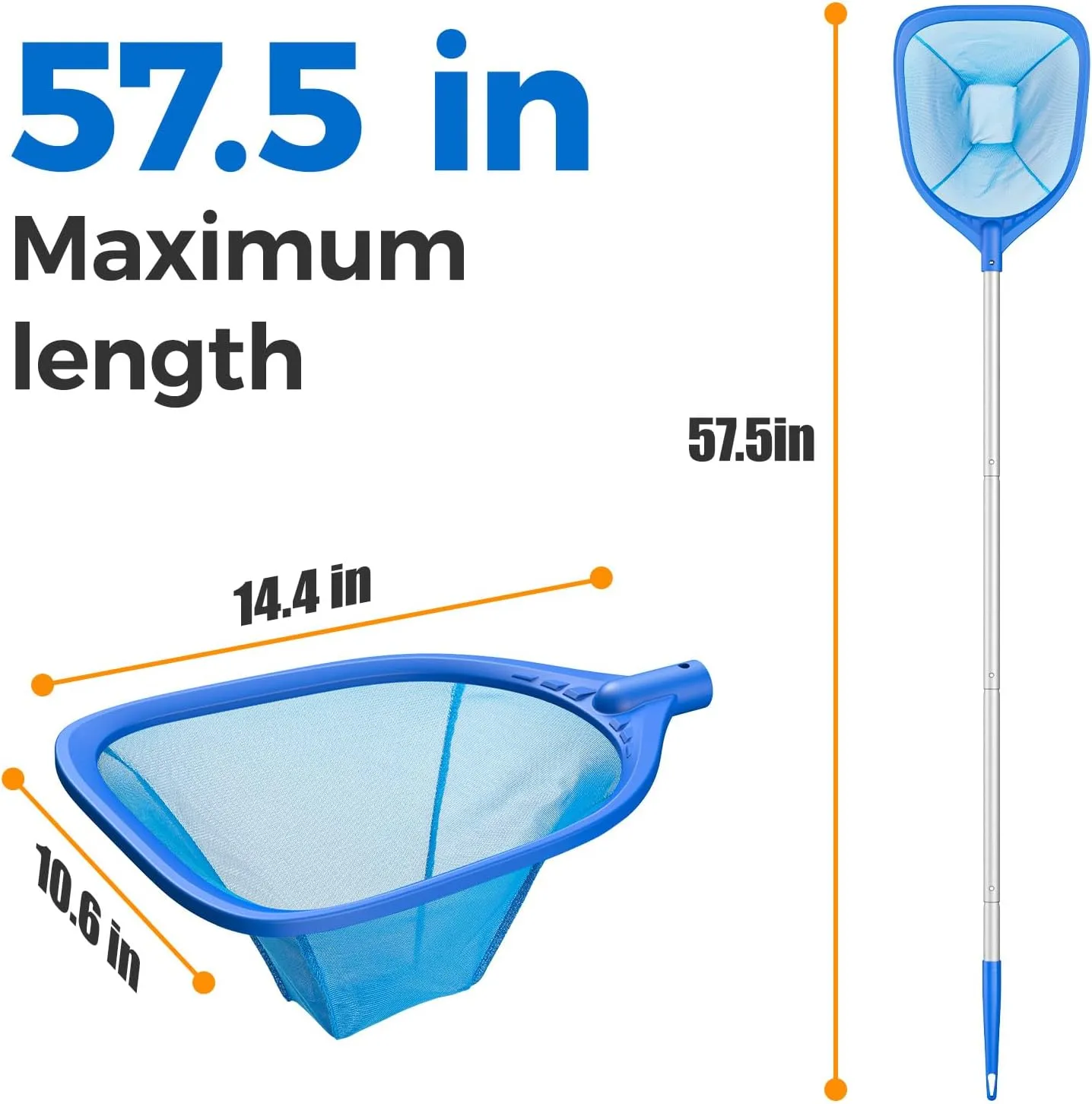 Swimming Pool Skimmer Net Total Length 57 inches, Leaf Rake Net with 4 Section Telescopic Aluminum Pole for Fast Cleaning Ponds, Hot Tub, and Spas, Pool Cleaner Supplies and Accessories
