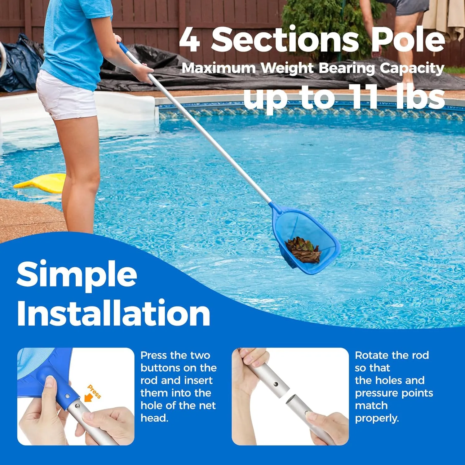 Swimming Pool Skimmer Net Total Length 57 inches, Leaf Rake Net with 4 Section Telescopic Aluminum Pole for Fast Cleaning Ponds, Hot Tub, and Spas, Pool Cleaner Supplies and Accessories