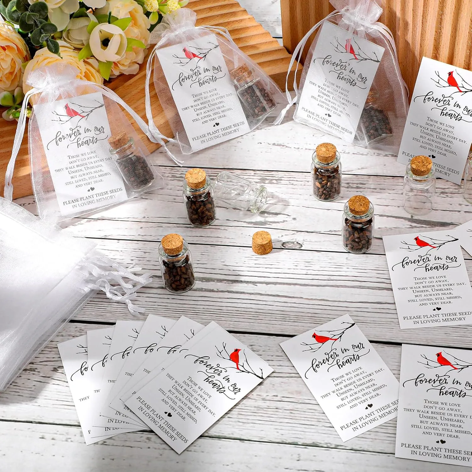 Tanlade 100 Sets Funeral Favors Include Funeral Prayer Cards Celebration of Life Memorial Card Memorial Seeds Glass Bottles with Cork Stopper Organza Bags for Loss of Loved One, No Seed(Cardinal)