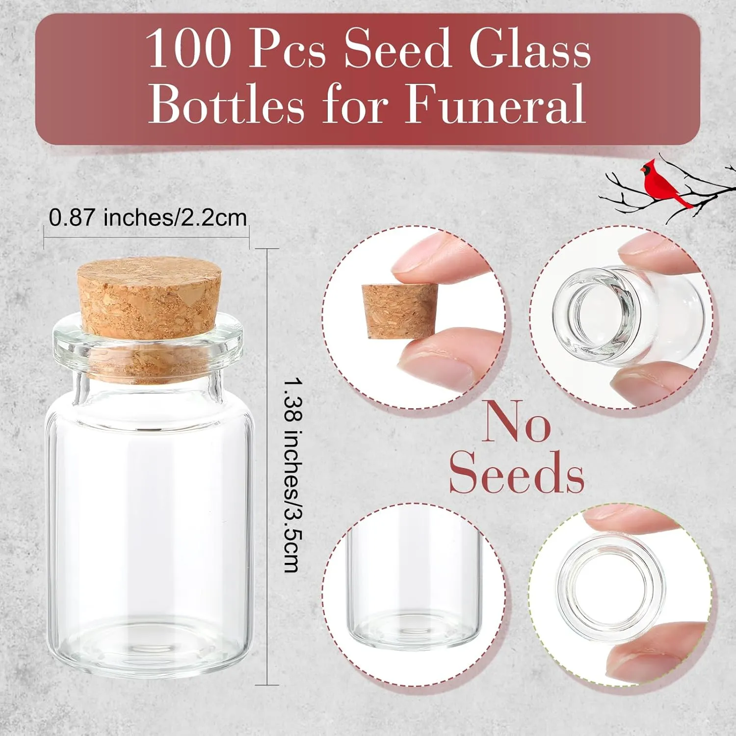 Tanlade 100 Sets Funeral Favors Include Funeral Prayer Cards Celebration of Life Memorial Card Memorial Seeds Glass Bottles with Cork Stopper Organza Bags for Loss of Loved One, No Seed(Cardinal)