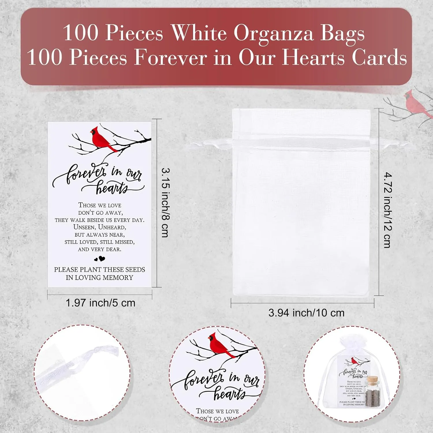 Tanlade 100 Sets Funeral Favors Include Funeral Prayer Cards Celebration of Life Memorial Card Memorial Seeds Glass Bottles with Cork Stopper Organza Bags for Loss of Loved One, No Seed(Cardinal)