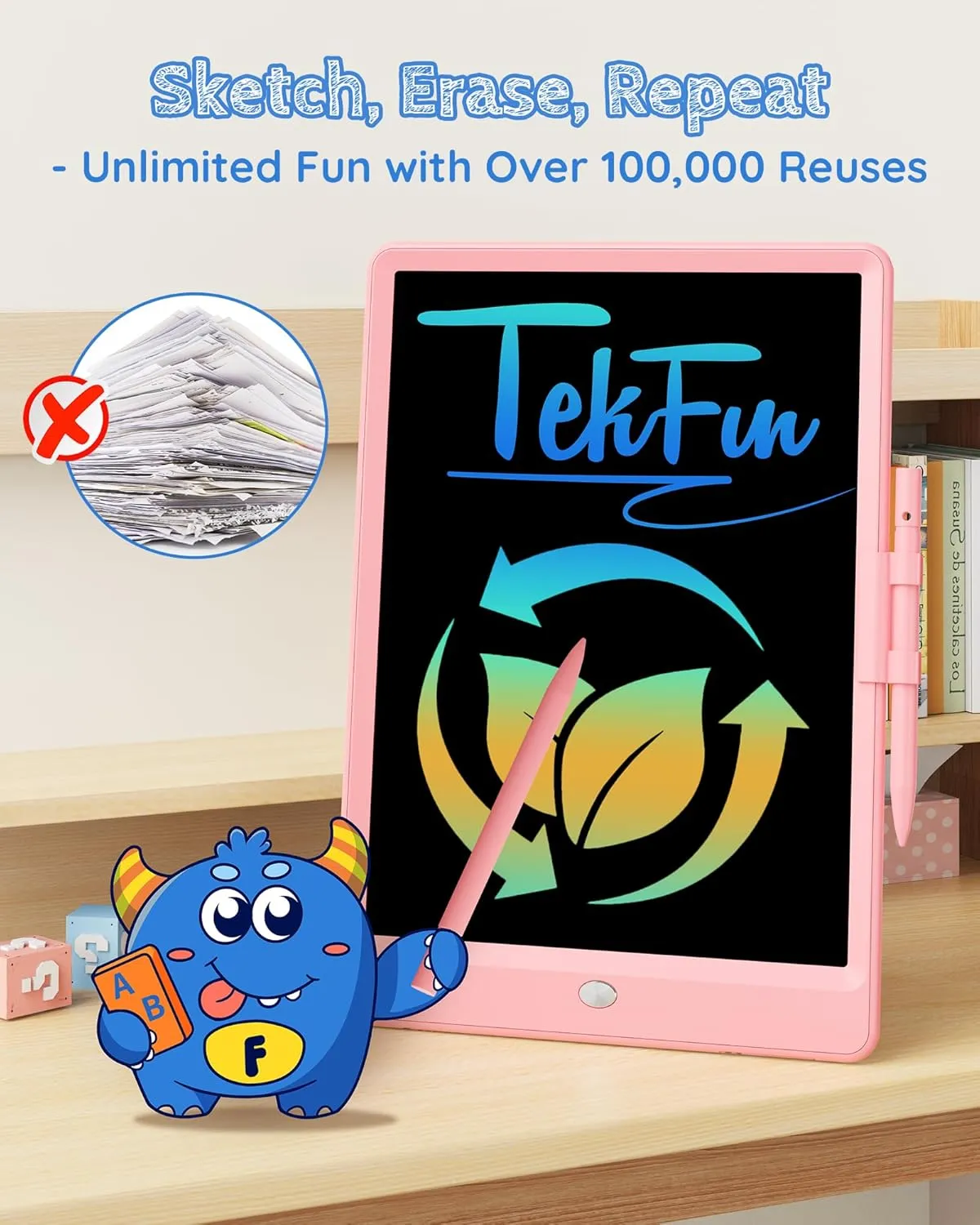 TEKFUN LCD Writing Tablet Doodle Board, 8.5inch Colorful Drawing Tablet Writing Pad, Kids Gifts Toys for 3 4 5 6 7 Year Old Kids, Erasable Doodle Pad Toddler Travel Car Toy Road Trip Activity (Pink)
