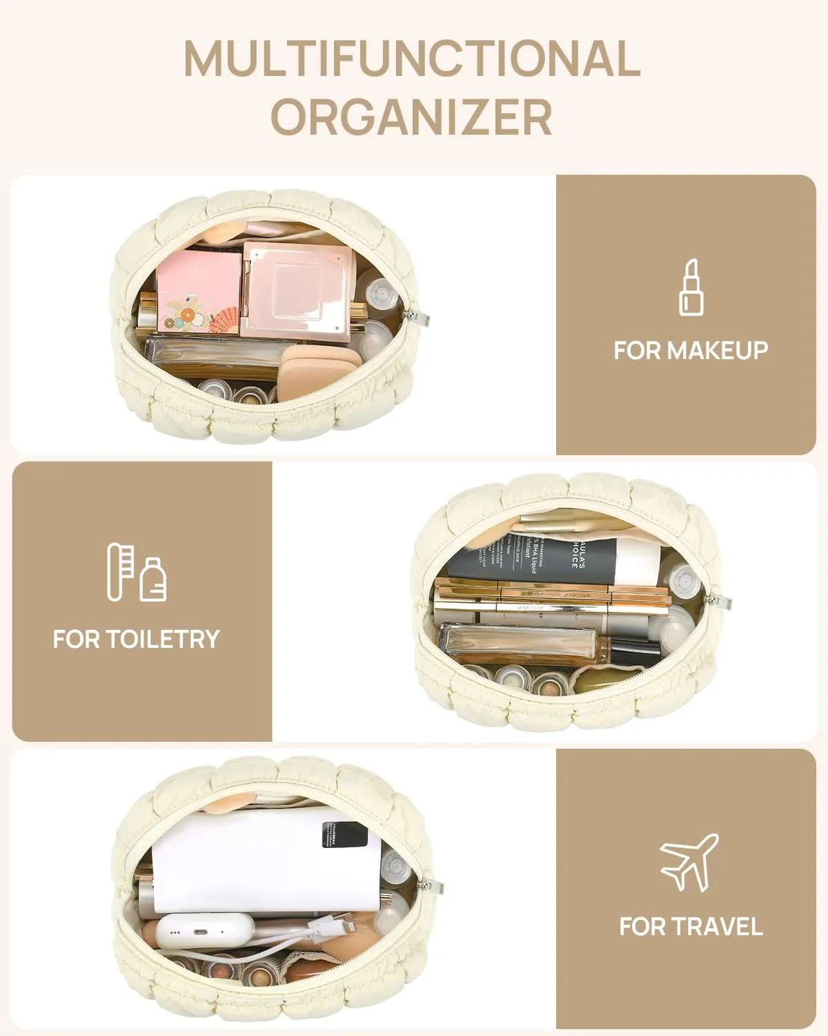 Telena Puffer Makeup Bags for Women, Nylon Puffy Padded Make Up Bags for Women Makeup Organizer Case, Wide-open Makeup Pouch Travel Essentials