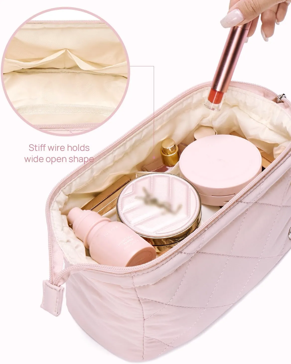 Telena Puffer Makeup Bags for Women, Nylon Puffy Padded Make Up Bags for Women Makeup Organizer Case, Wide-open Makeup Pouch Travel Essentials