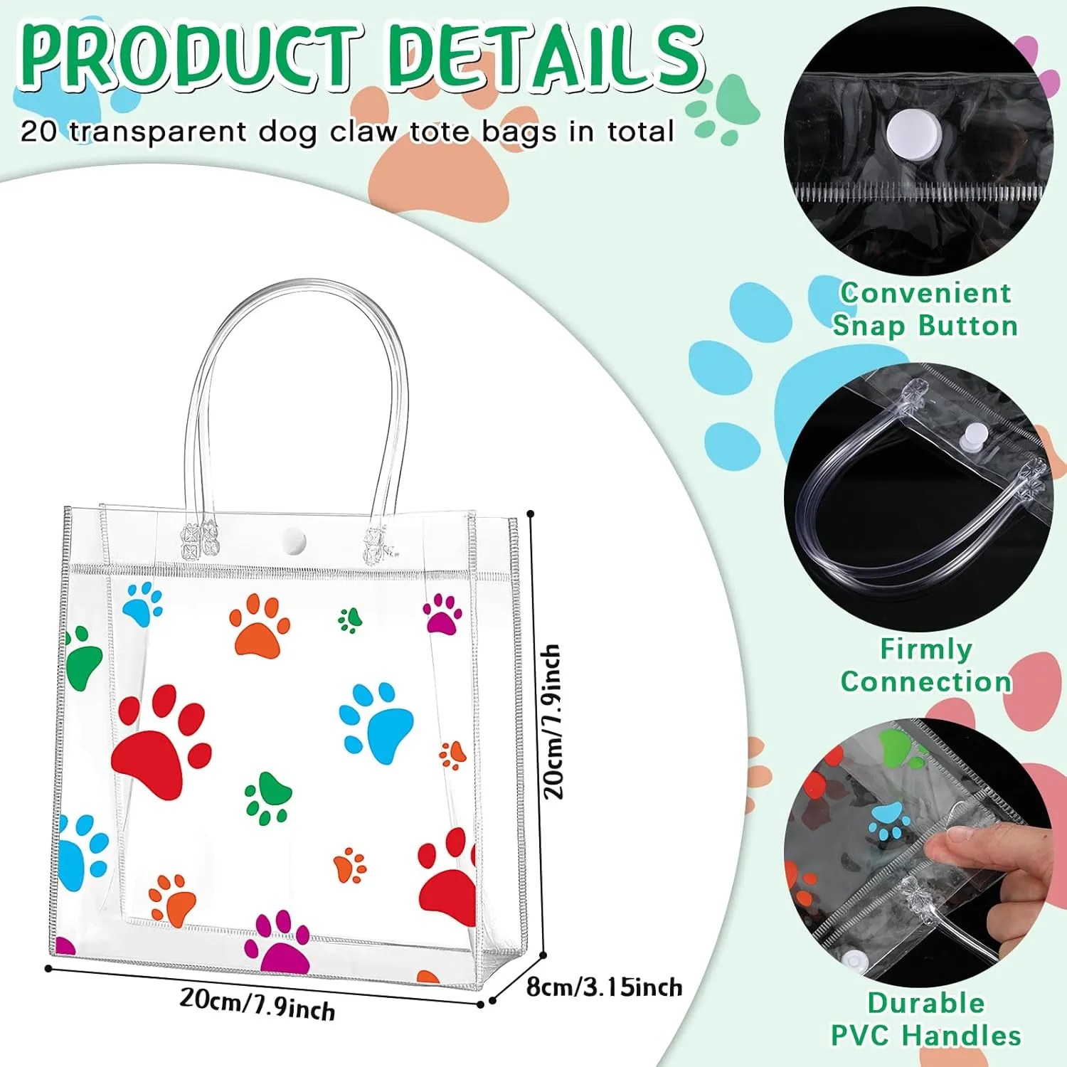 Teling 20 Packs Dog Paw Clear PVC Gift Bags with Handle Reusable Plastic Wrap Tote Bags Transparent for Puppy Pet Treat Party Favor Birthday Wedding Party, 8 x 8 x 3.15 Inch(Colorful)