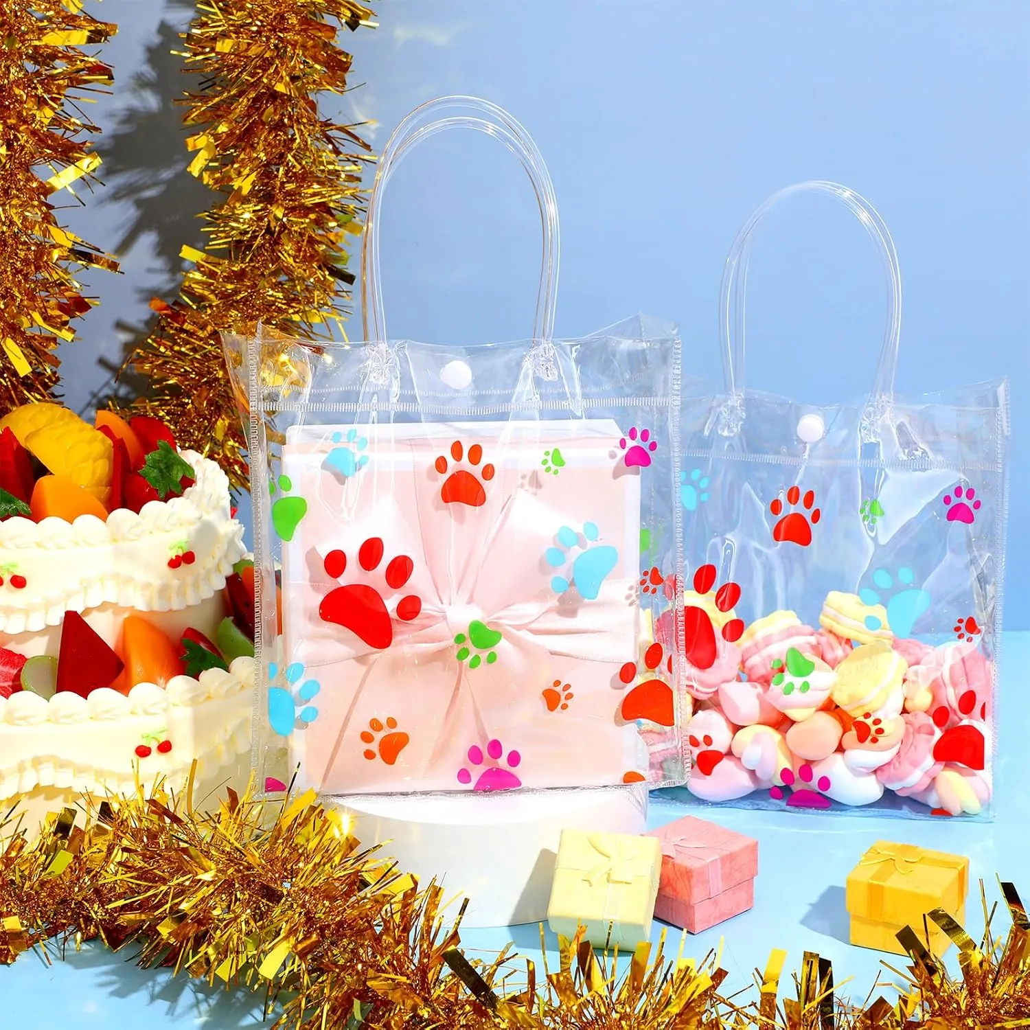 Teling 20 Packs Dog Paw Clear PVC Gift Bags with Handle Reusable Plastic Wrap Tote Bags Transparent for Puppy Pet Treat Party Favor Birthday Wedding Party, 8 x 8 x 3.15 Inch(Colorful)