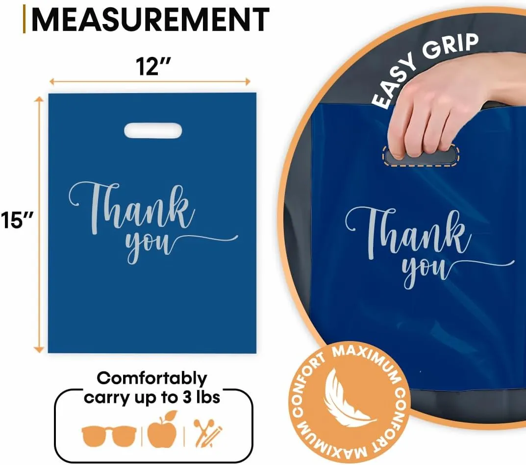 THANK YOU MERCHANDISE STORE BAGS, different sizes 9"x12", 12"x15", 15"x18" 1.25 Mil. PACKS of 100/200/500 Retail Product Bags I 100% Recyclable (100, Navy Blue, 12x15")
