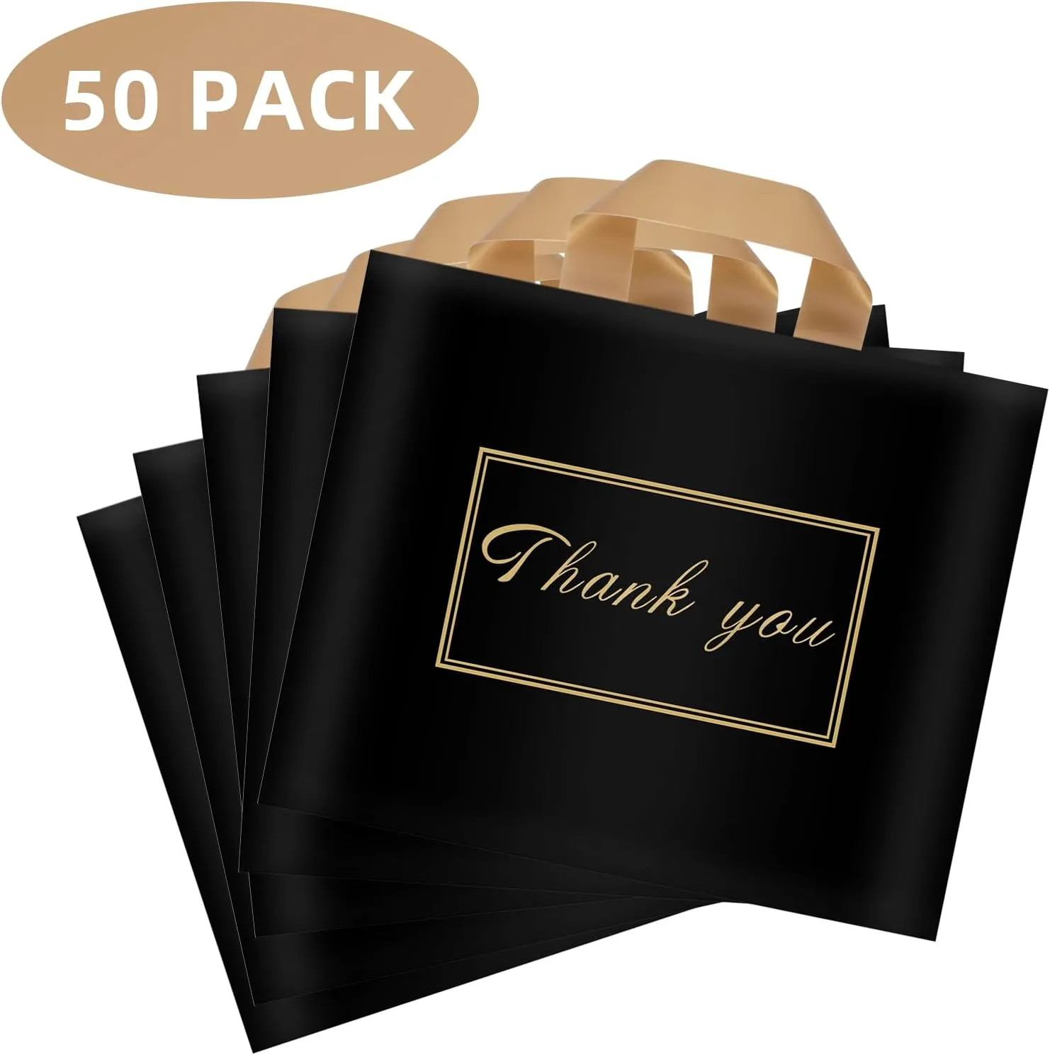 Thank You Plastic Shopping Bags for Small Businesses Extra Thick Bulk Merchandise Gift Bags with Handles for Customers Party Favors, Black 50 Pack
