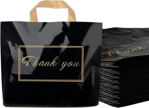 Thank You Plastic Shopping Bags for Small Businesses Extra Thick Bulk Merchandise Gift Bags with Handles for Customers Party Favors, Black 50 Pack