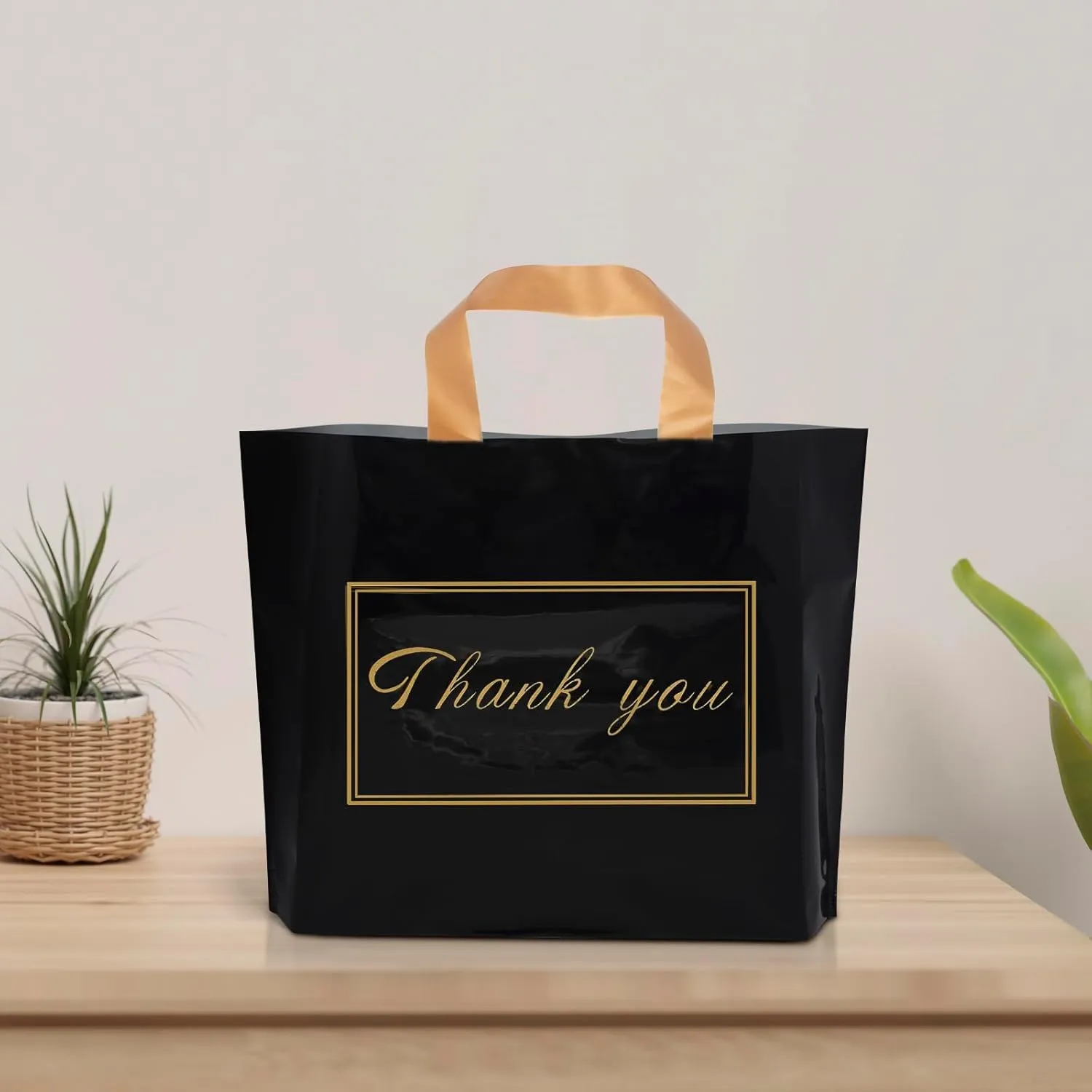 Thank You Plastic Shopping Bags for Small Businesses Extra Thick Bulk Merchandise Gift Bags with Handles for Customers Party Favors, Black 50 Pack