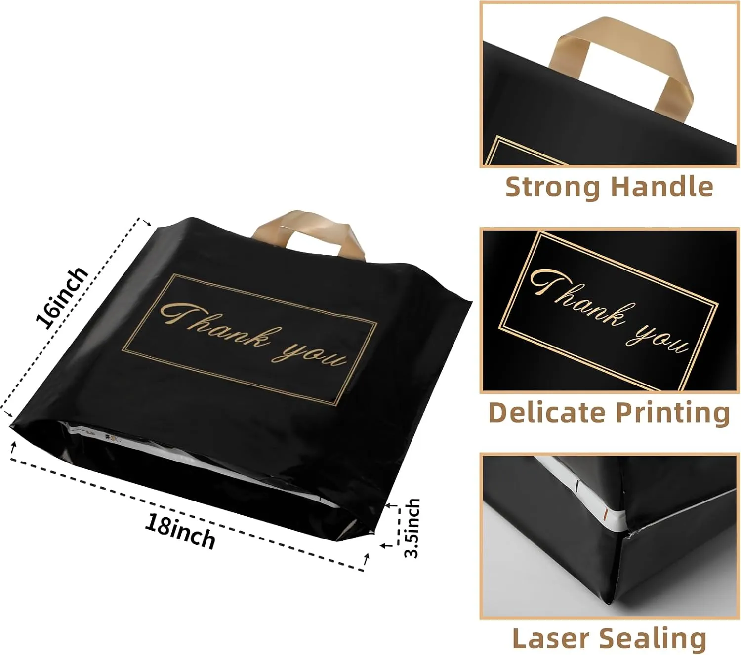 Thank You Plastic Shopping Bags for Small Businesses Extra Thick Bulk Merchandise Gift Bags with Handles for Customers Party Favors, Black 50 Pack