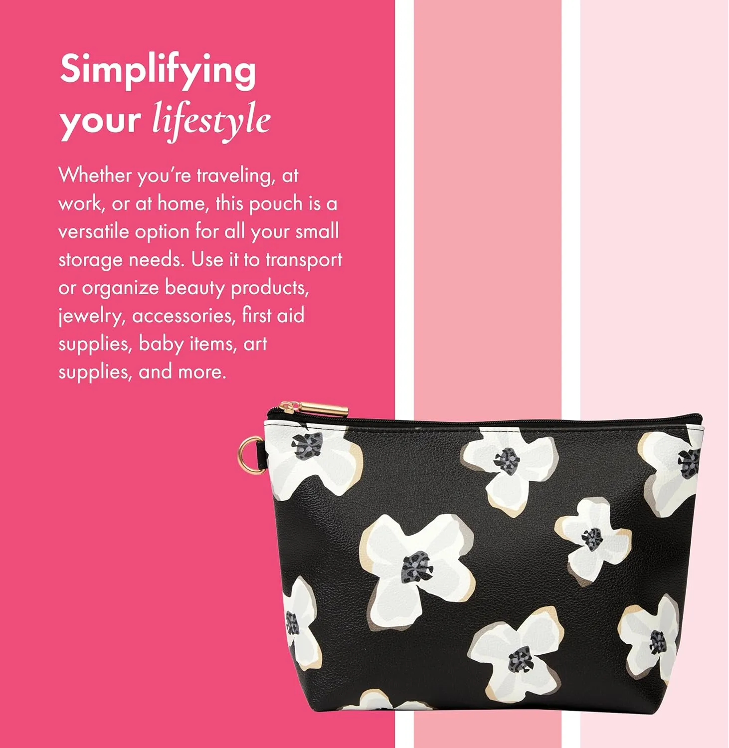 Thirty-One Gifts Tapered Pouch, Zippered Pouch for Purse, Travel Bag, or House Organization, Scattered Flowers Smooth Pebble