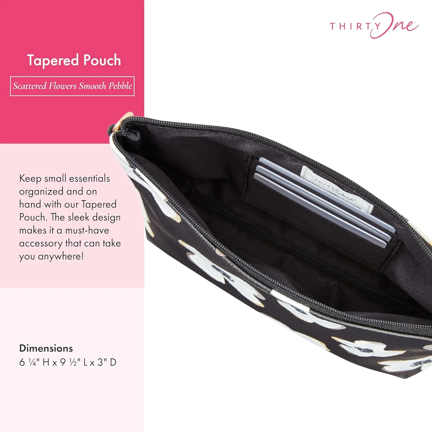 Thirty-One Gifts Tapered Pouch, Zippered Pouch for Purse, Travel Bag, or House Organization, Scattered Flowers Smooth Pebble