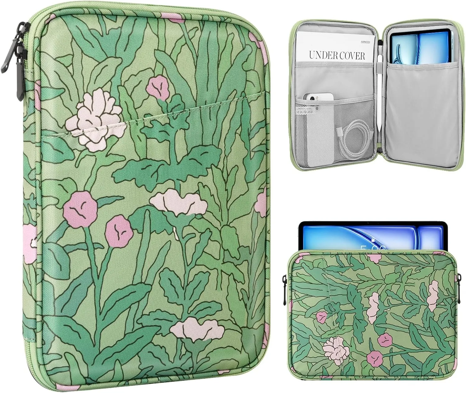 TiMOVO 9-11" Tablet Sleeve for iPad 11-inch A16 2025, iPad 10th Gen. 10.9", iPad 10.2", iPad Air 11 Inch/5th/4th Gen. 10.9", Galaxy Tab A9 Plus 11", Protective Bag with Pocket, Green Flower