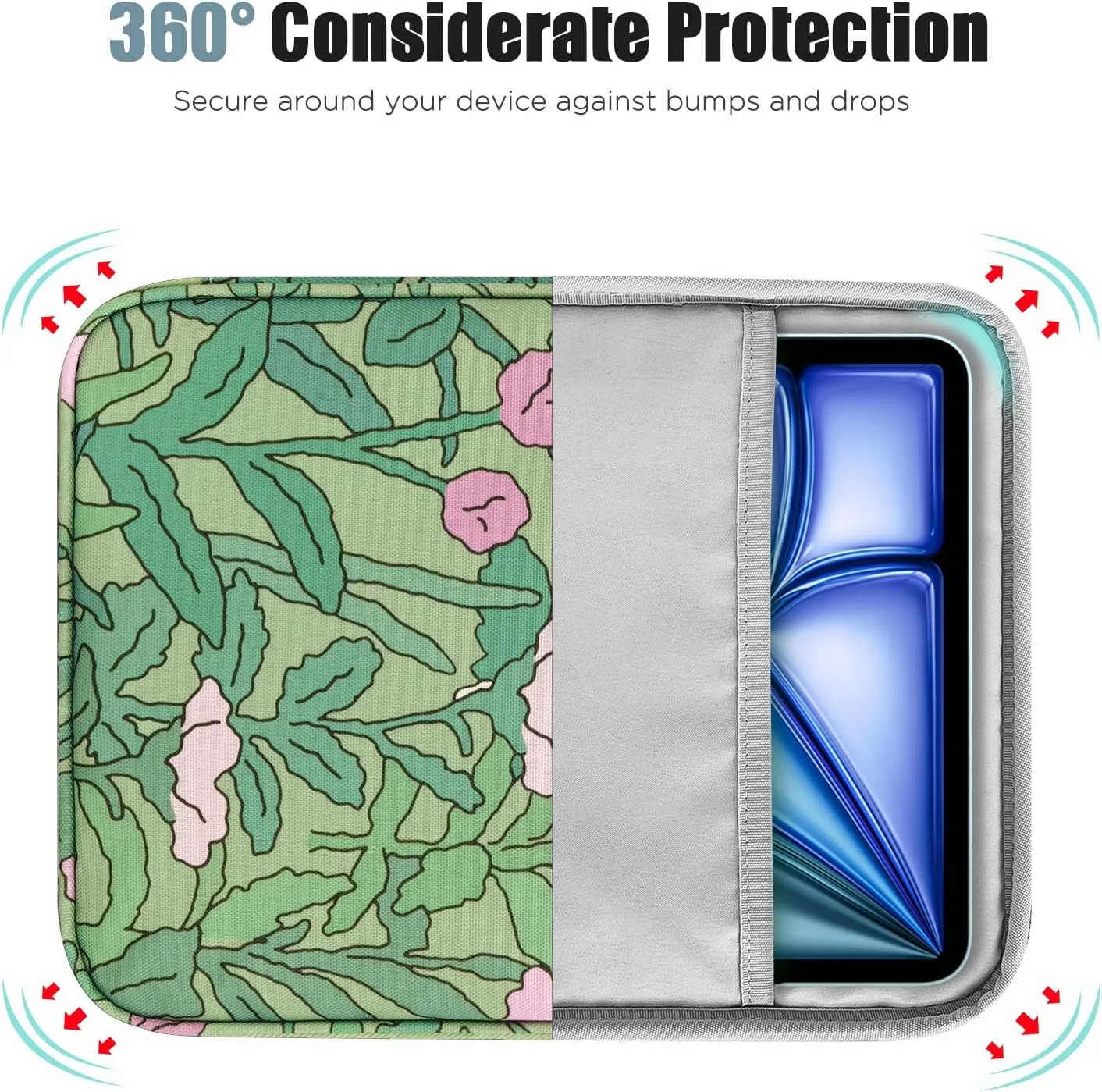 TiMOVO 9-11" Tablet Sleeve for iPad 11-inch A16 2025, iPad 10th Gen. 10.9", iPad 10.2", iPad Air 11 Inch/5th/4th Gen. 10.9", Galaxy Tab A9 Plus 11", Protective Bag with Pocket, Green Flower