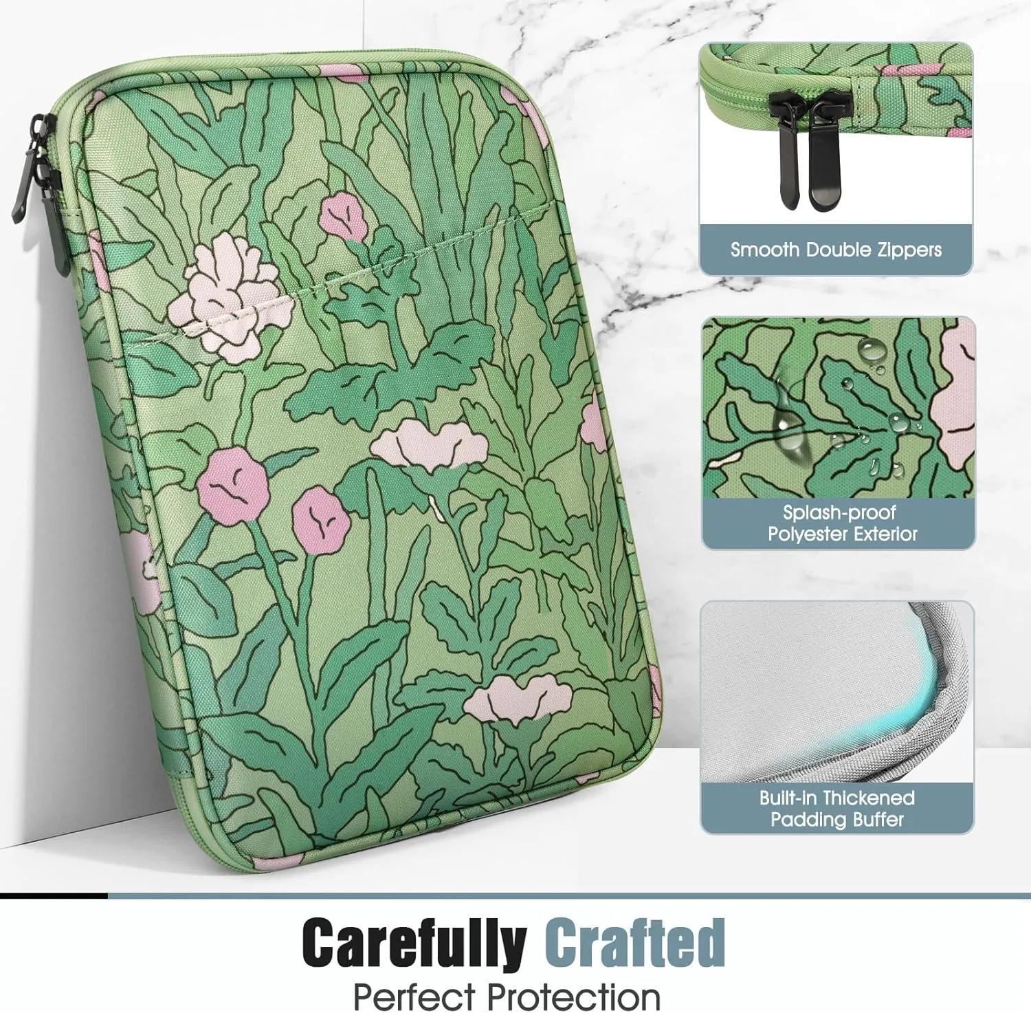 TiMOVO 9-11" Tablet Sleeve for iPad 11-inch A16 2025, iPad 10th Gen. 10.9", iPad 10.2", iPad Air 11 Inch/5th/4th Gen. 10.9", Galaxy Tab A9 Plus 11", Protective Bag with Pocket, Green Flower