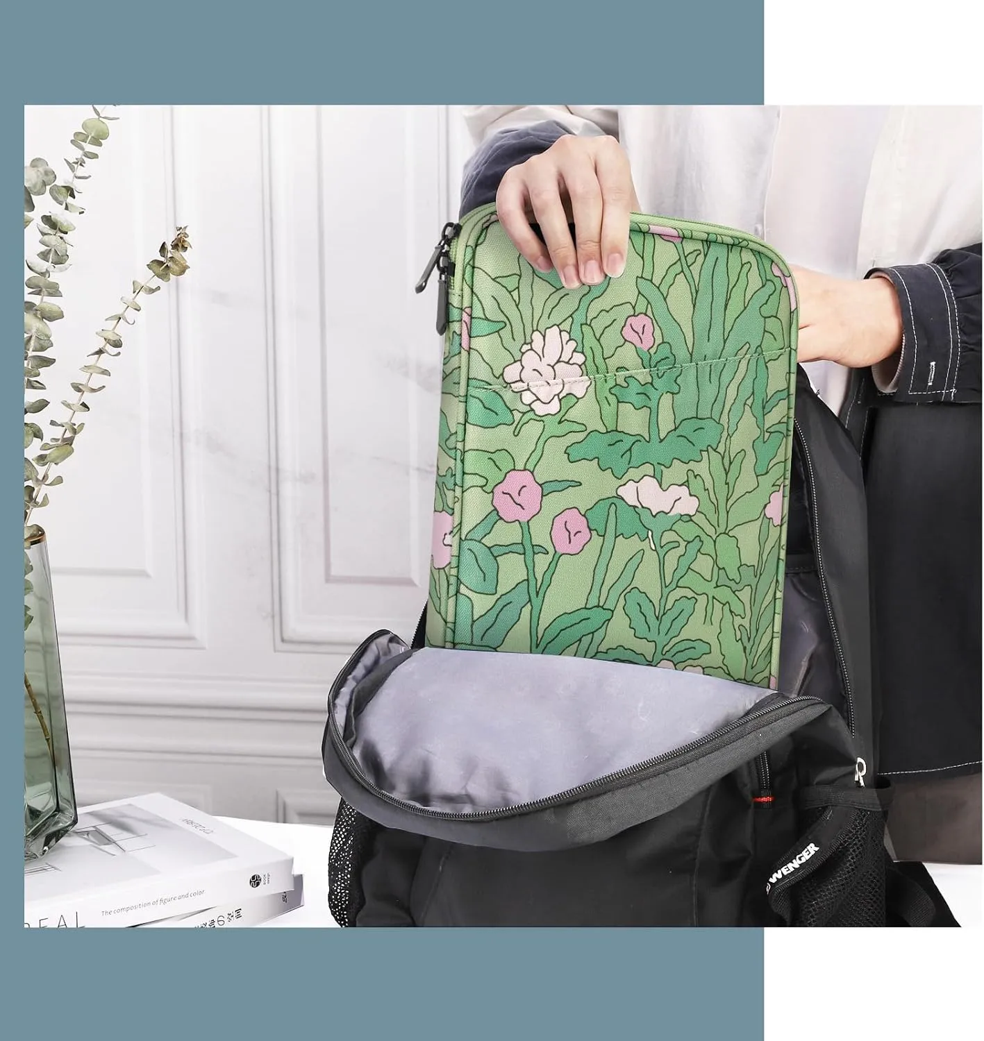 TiMOVO 9-11" Tablet Sleeve for iPad 11-inch A16 2025, iPad 10th Gen. 10.9", iPad 10.2", iPad Air 11 Inch/5th/4th Gen. 10.9", Galaxy Tab A9 Plus 11", Protective Bag with Pocket, Green Flower