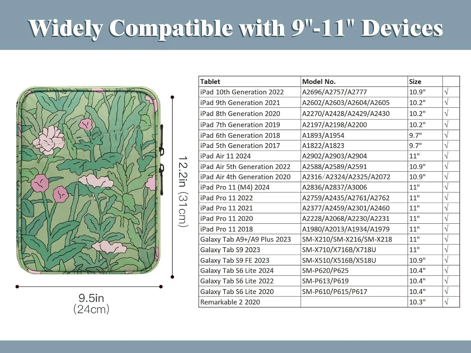 TiMOVO 9-11" Tablet Sleeve for iPad 11-inch A16 2025, iPad 10th Gen. 10.9", iPad 10.2", iPad Air 11 Inch/5th/4th Gen. 10.9", Galaxy Tab A9 Plus 11", Protective Bag with Pocket, Green Flower