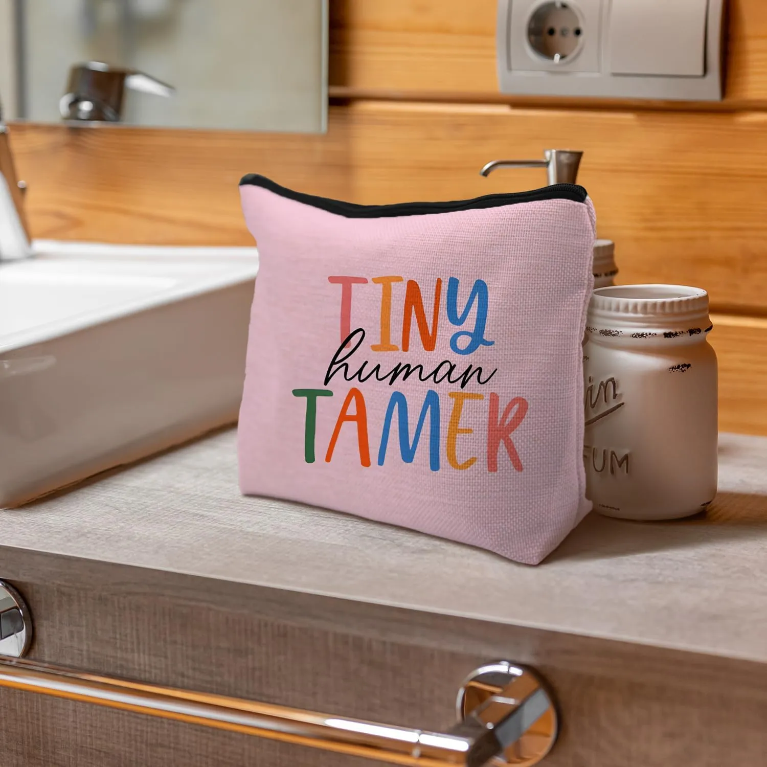 Tiny Human Tamer Teacher Makeup Bag, Funny Cosmetic Pouch Zipper Pouch, Small Makeup Bag for Purse (Pink)