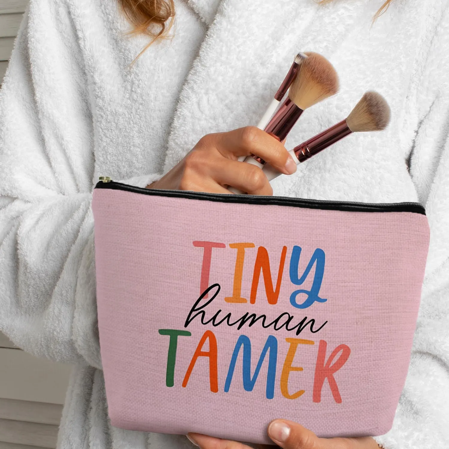 Tiny Human Tamer Teacher Makeup Bag, Funny Cosmetic Pouch Zipper Pouch, Small Makeup Bag for Purse (Pink)