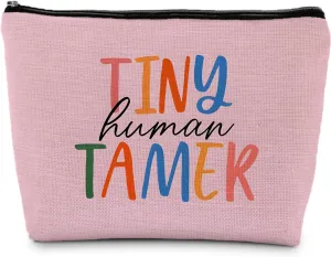 Tiny Human Tamer Teacher Makeup Bag, Funny Cosmetic Pouch Zipper Pouch, Small Makeup Bag for Purse (Pink)