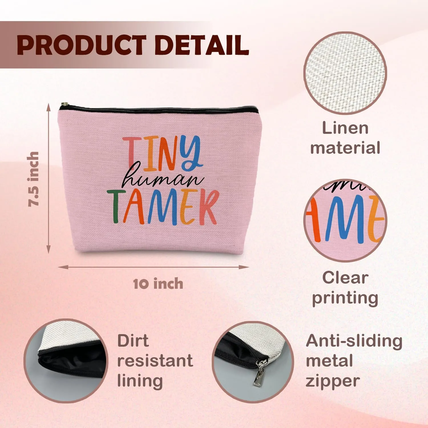 Tiny Human Tamer Teacher Makeup Bag, Funny Cosmetic Pouch Zipper Pouch, Small Makeup Bag for Purse (Pink)