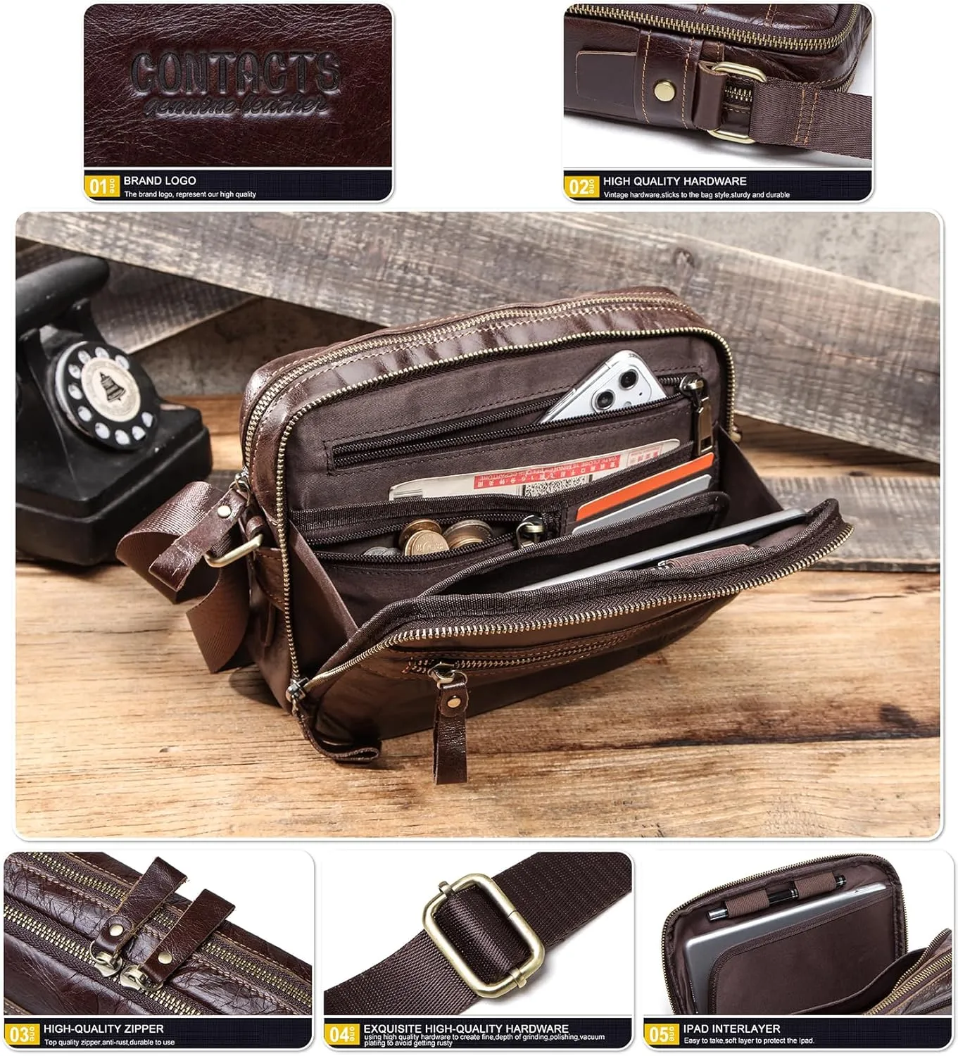 Top Grain Leather 8.3" Messenger Bag for Man & Woman, Multi Pockets, Fits to 7.9"/8.3" iPad for Daily/School/Business/Travel