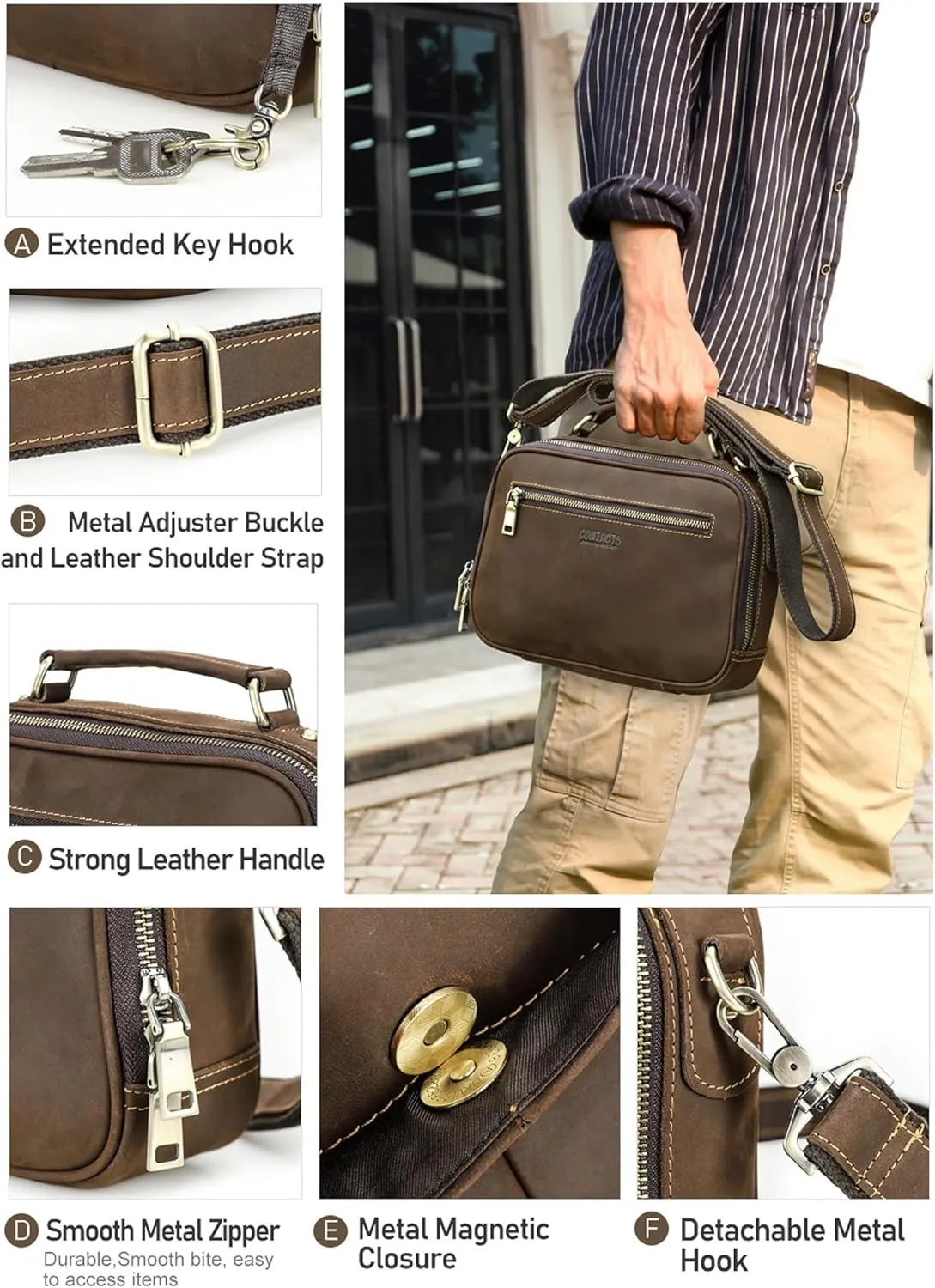 Top Grain Leather 8.3" Messenger Bag for Man & Woman, Multi Pockets, Fits to 7.9"/8.3" iPad for Daily/School/Business/Travel