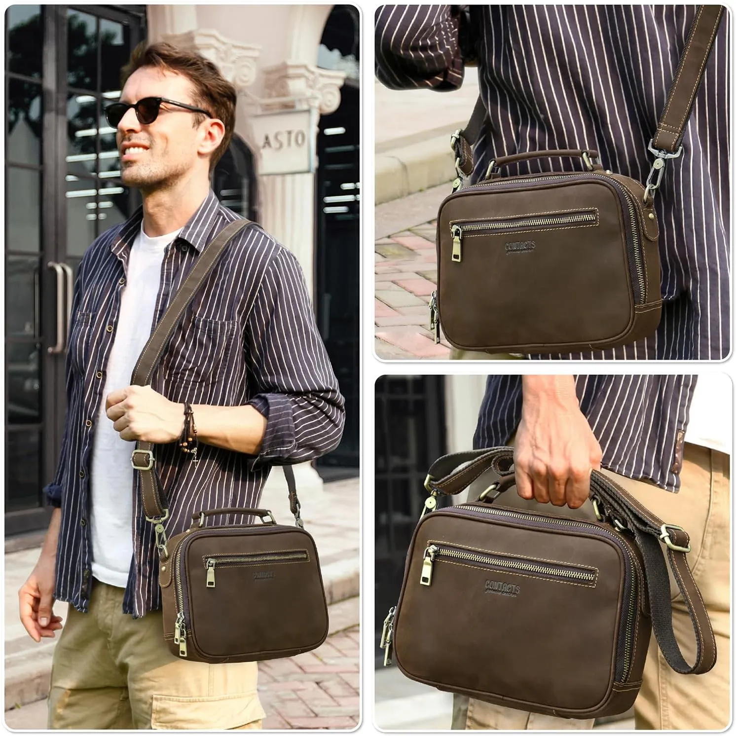 Top Grain Leather 8.3" Messenger Bag for Man & Woman, Multi Pockets, Fits to 7.9"/8.3" iPad for Daily/School/Business/Travel