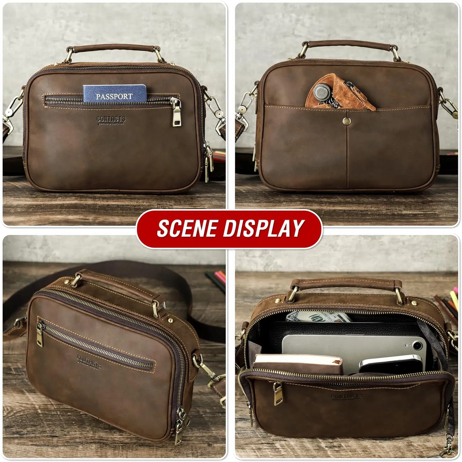 Top Grain Leather 8.3" Messenger Bag for Man & Woman, Multi Pockets, Fits to 7.9"/8.3" iPad for Daily/School/Business/Travel