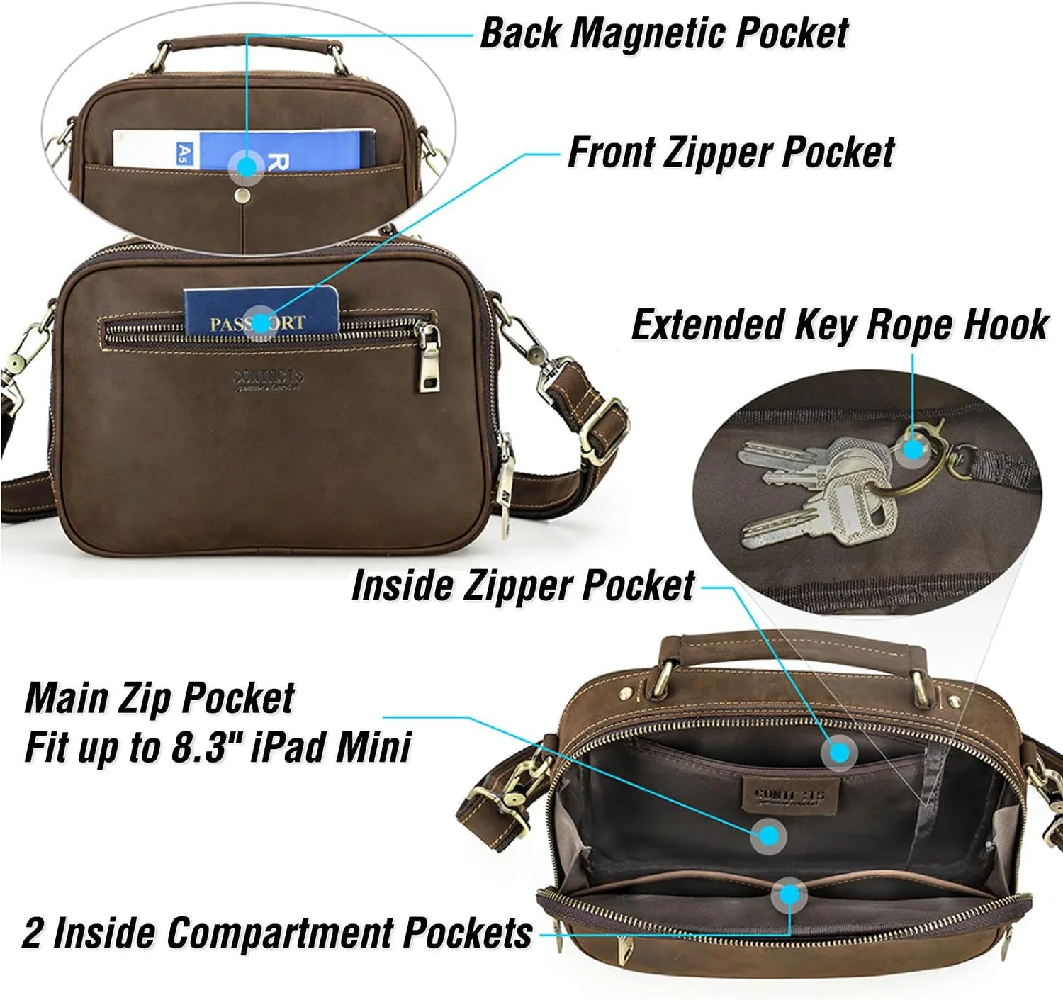 Top Grain Leather 8.3" Messenger Bag for Man & Woman, Multi Pockets, Fits to 7.9"/8.3" iPad for Daily/School/Business/Travel