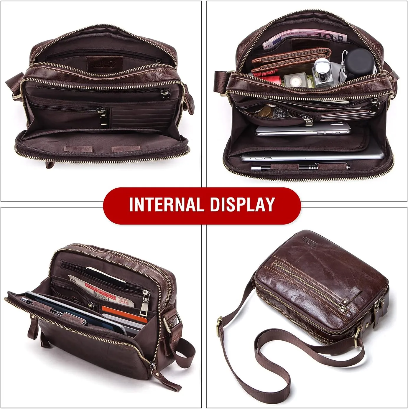 Top Grain Leather 8.3" Messenger Bag for Man & Woman, Multi Pockets, Fits to 7.9"/8.3" iPad for Daily/School/Business/Travel