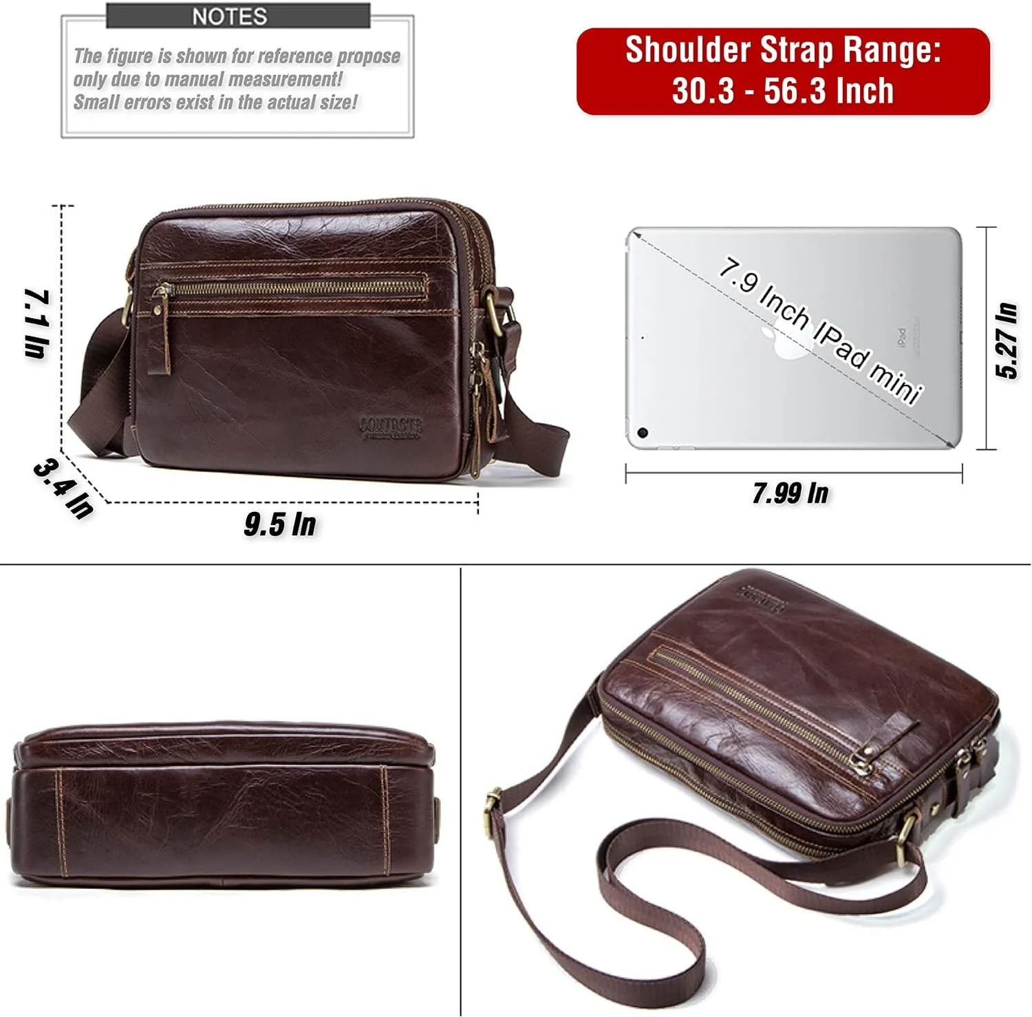 Top Grain Leather 8.3" Messenger Bag for Man & Woman, Multi Pockets, Fits to 7.9"/8.3" iPad for Daily/School/Business/Travel