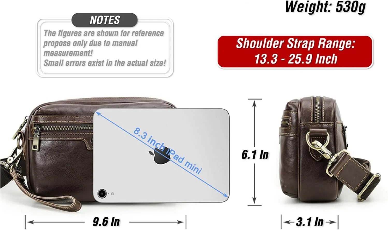Top Grain Leather 8.3" Messenger Bag for Man & Woman, Multi Pockets, Fits to 7.9"/8.3" iPad for Daily/School/Business/Travel