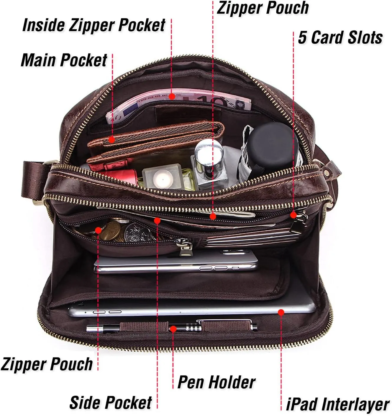 Top Grain Leather 8.3" Messenger Bag for Man & Woman, Multi Pockets, Fits to 7.9"/8.3" iPad for Daily/School/Business/Travel