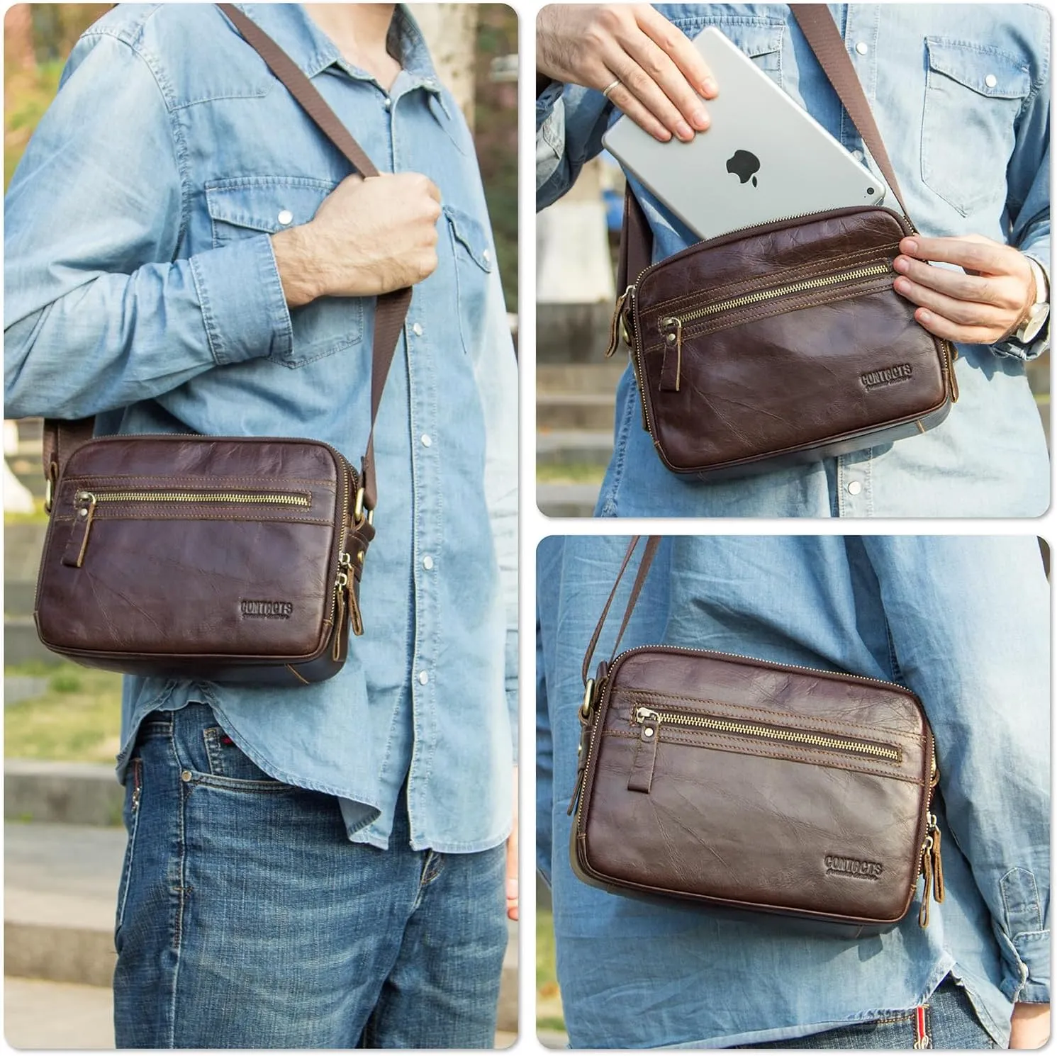 Top Grain Leather 8.3" Messenger Bag for Man & Woman, Multi Pockets, Fits to 7.9"/8.3" iPad for Daily/School/Business/Travel