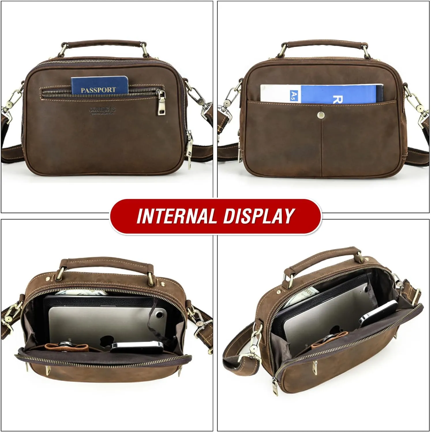 Top Grain Leather 8.3" Messenger Bag for Man & Woman, Multi Pockets, Fits to 7.9"/8.3" iPad for Daily/School/Business/Travel