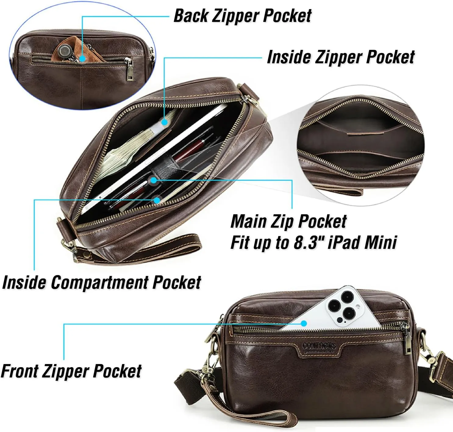 Top Grain Leather 8.3" Messenger Bag for Man & Woman, Multi Pockets, Fits to 7.9"/8.3" iPad for Daily/School/Business/Travel