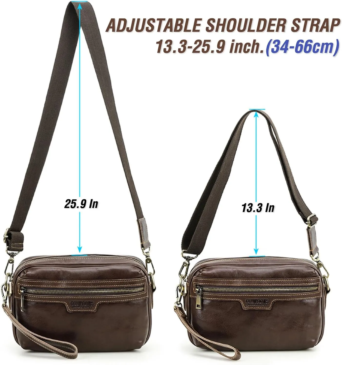 Top Grain Leather 8.3" Messenger Bag for Man & Woman, Multi Pockets, Fits to 7.9"/8.3" iPad for Daily/School/Business/Travel