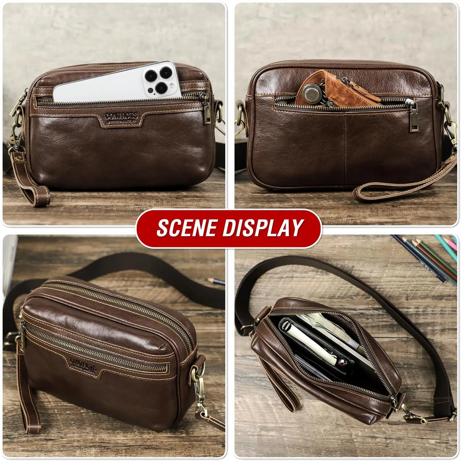 Top Grain Leather 8.3" Messenger Bag for Man & Woman, Multi Pockets, Fits to 7.9"/8.3" iPad for Daily/School/Business/Travel