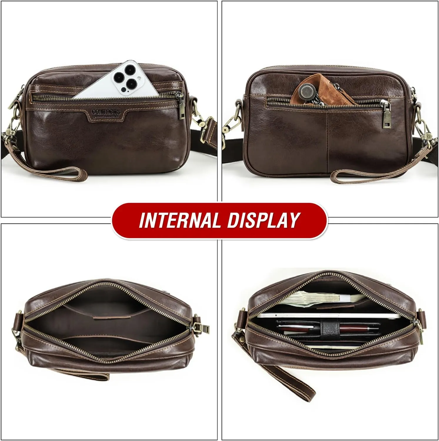 Top Grain Leather 8.3" Messenger Bag for Man & Woman, Multi Pockets, Fits to 7.9"/8.3" iPad for Daily/School/Business/Travel
