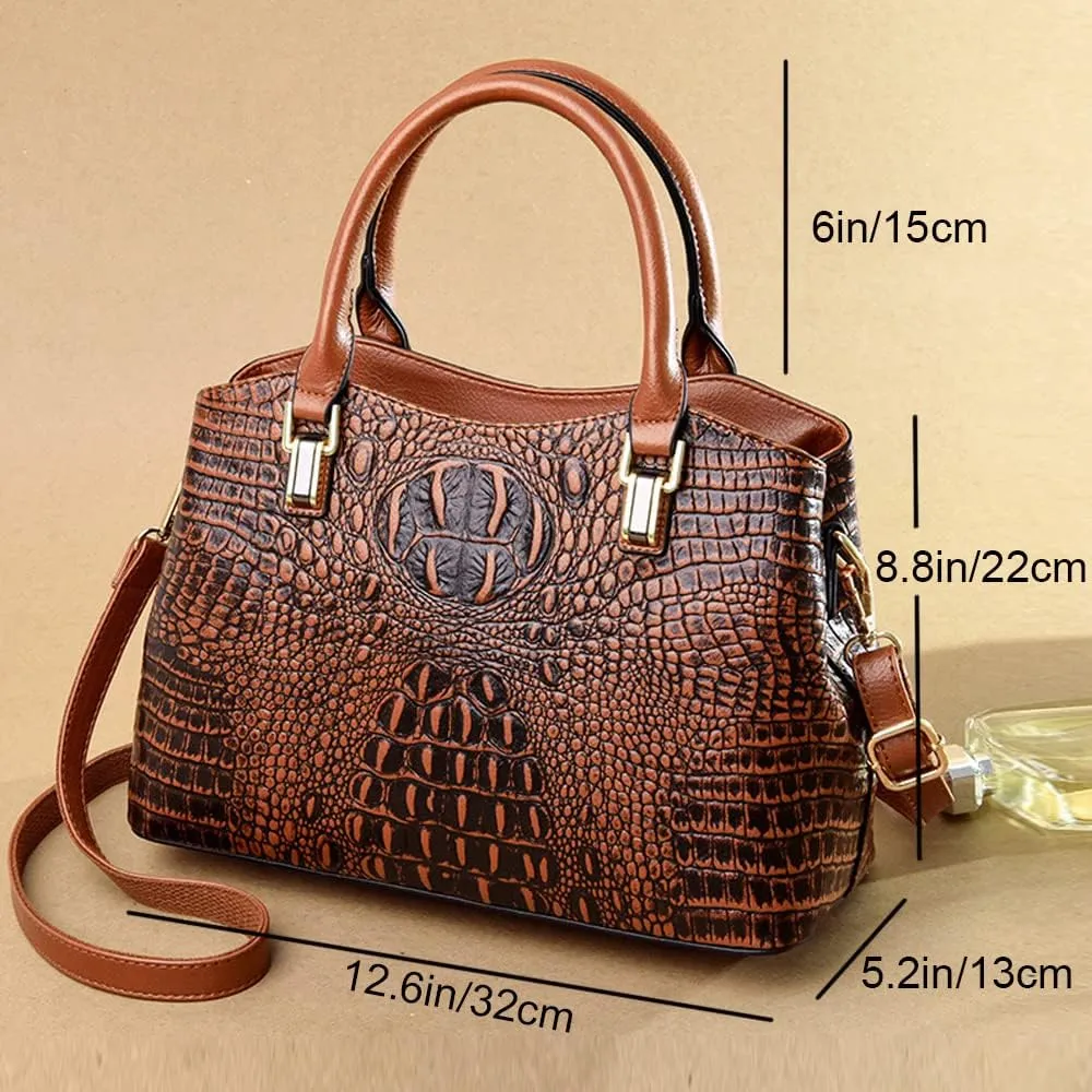 Top Handle Satchel Handbags Crocodile Bag Designer Purse Leather Tote Bags (brown)