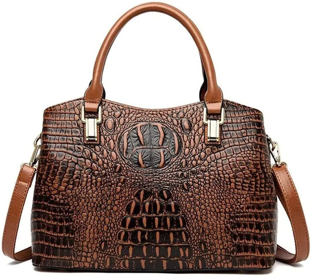 Top Handle Satchel Handbags Crocodile Bag Designer Purse Leather Tote Bags (brown)