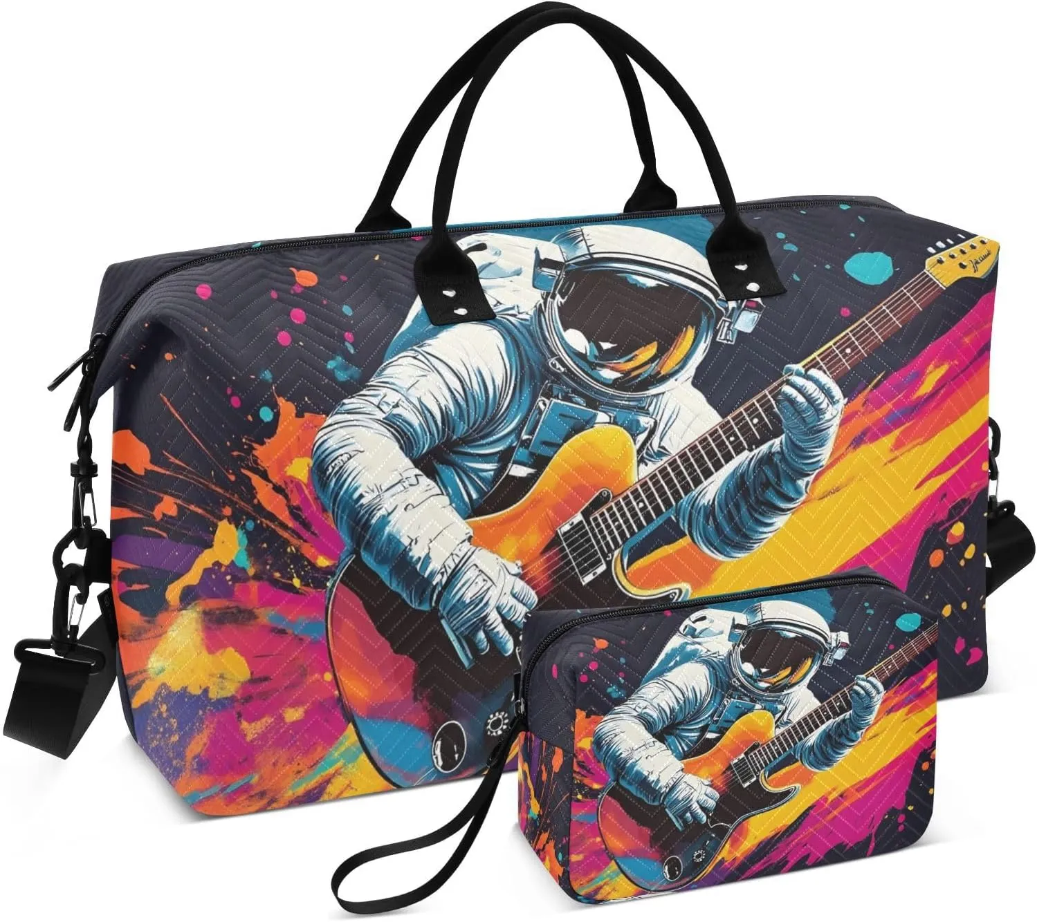 Travel Duffel Bag Astronaut Guitar Colors, Gym Bags with Multiple Interior Pockets for Men Women Toiletry Purse Included 20.5”x 1.9” x 13.8”