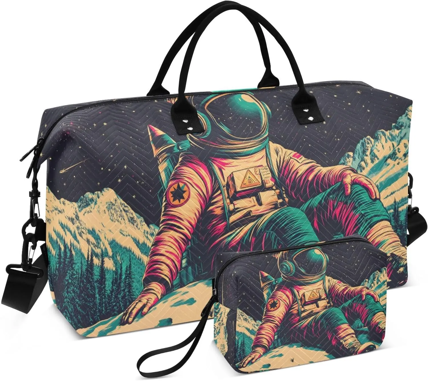 Travel Duffel Bag Astronaut Moutain Forest, Gym Bags with Multiple Interior Pockets for Men Women Toiletry Purse Included 20.5”x 1.9” x 13.8”