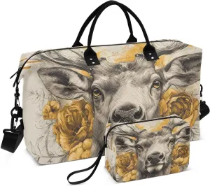 Travel Duffel Bag Elk Floral Cute, Gym Bags with Multiple Interior Pockets for Men Women Toiletry Purse Included 20.5”x 1.9” x 13.8”