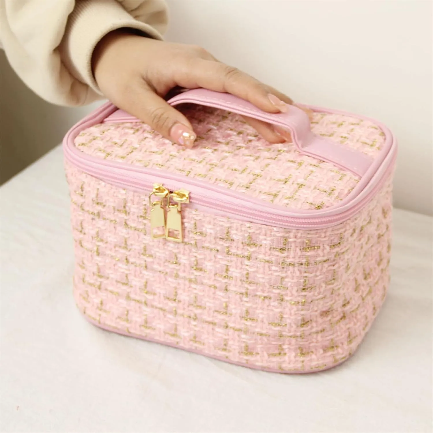 Travel Makeup Bag Girls, Large Capacity Weave Woolen Cloth Travel Toiletry Organizer Makeup Bags Accessories Storage,Black, Pink